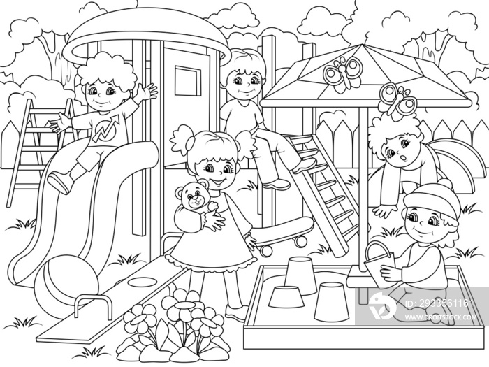 Childrens playground coloring. Raster illustration of black and white.