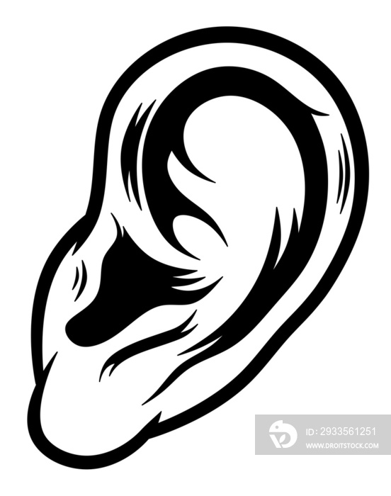 Human ear. Black and white illustration of an ear. Organ of hearing.