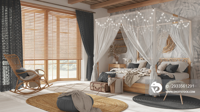 Elegant bedroom with canopy bed in white and gray tones. Parquet, natural wallpaper and cane ceiling. Bohemian rattan and wooden furniture. Boho style interior design