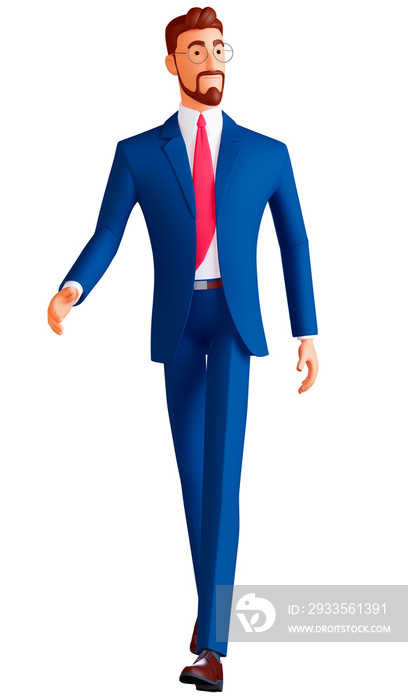 3d character full length picture of a elegant business man walking on white background, looking away