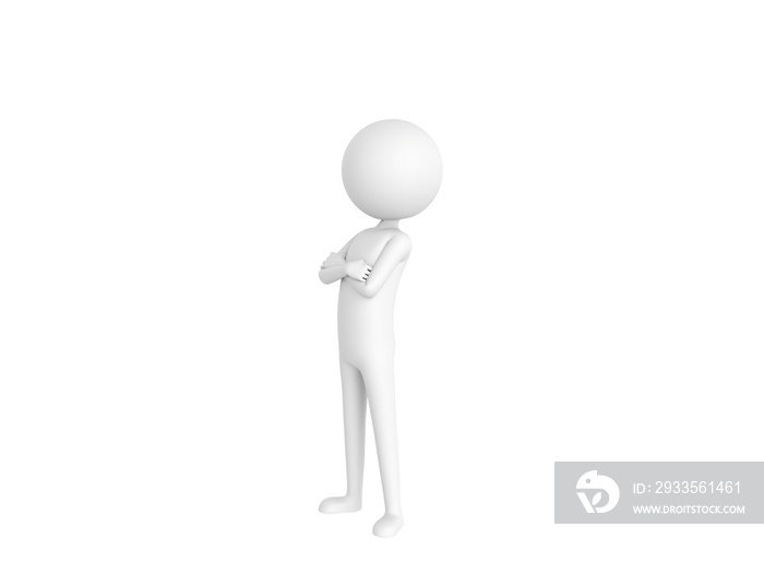 Stick Man character cross arms and looking to camera in 3d rendering.