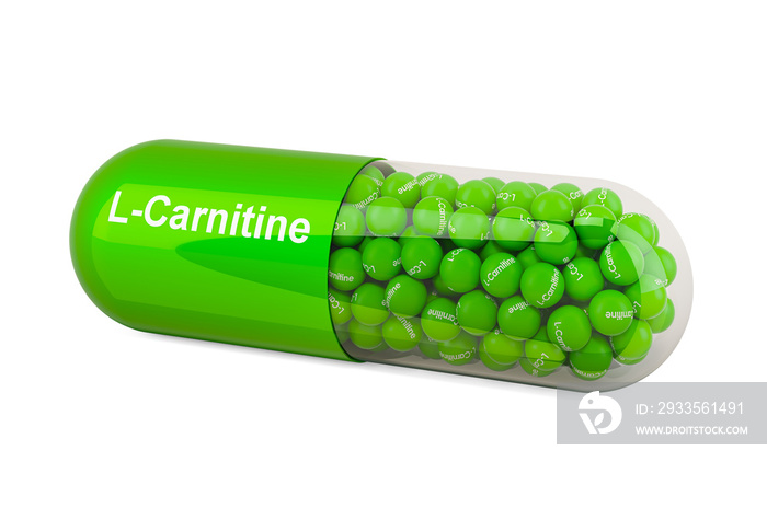 Capsule with L-Carnitine, dietary supplement. 3D rendering