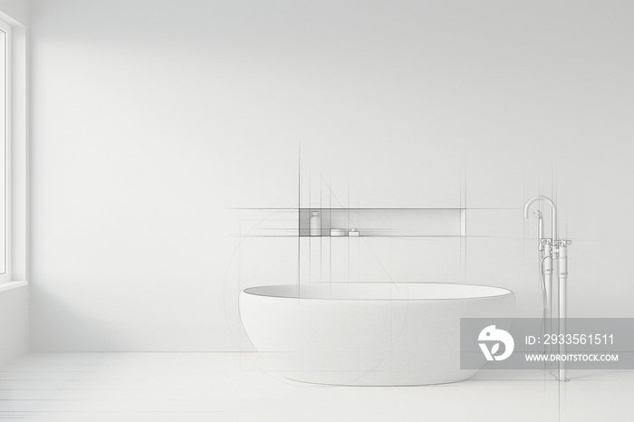 Sketch of white bathtub standing with freestanding bath mixer in a modern bathroom. Freehand drawing.