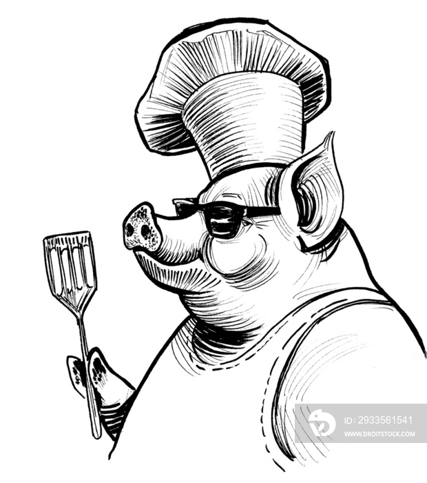 Cool pig in chef’s hat and sunglasses. Ink black and white drawing