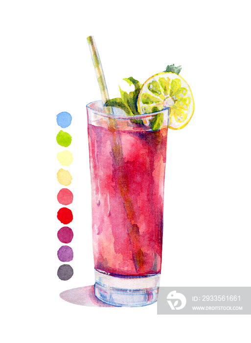 Lemonade with hibiscus syrup on a white background. Watercolor, colored pencils and gouache.