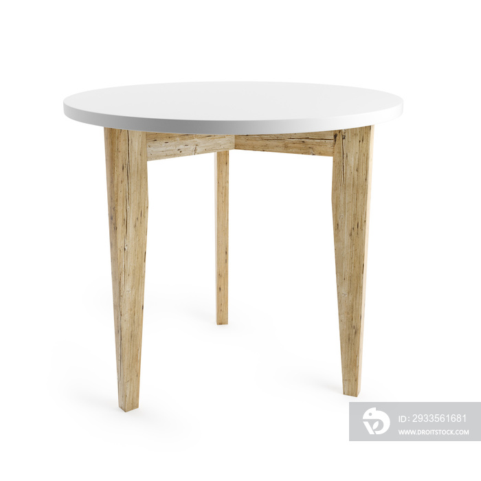 White table with wooden legs isolated on white background with clipping path included. 3D rendering.