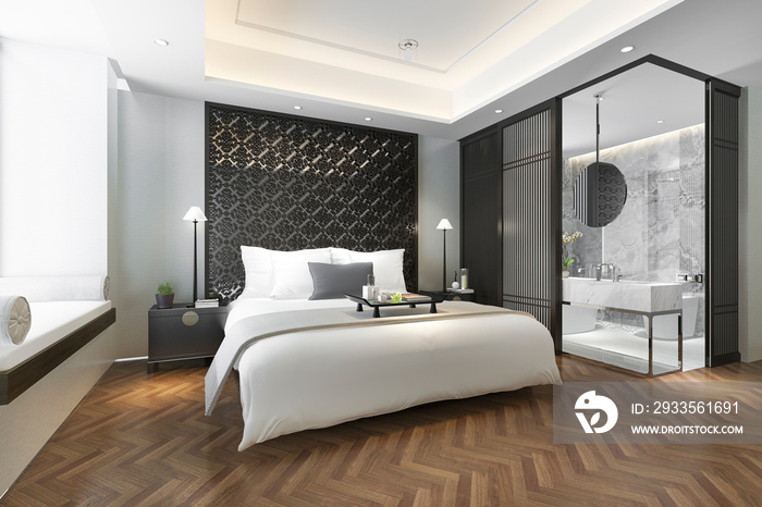 3d rendering modern luxury chinese bedroom suite in resort with bathroom