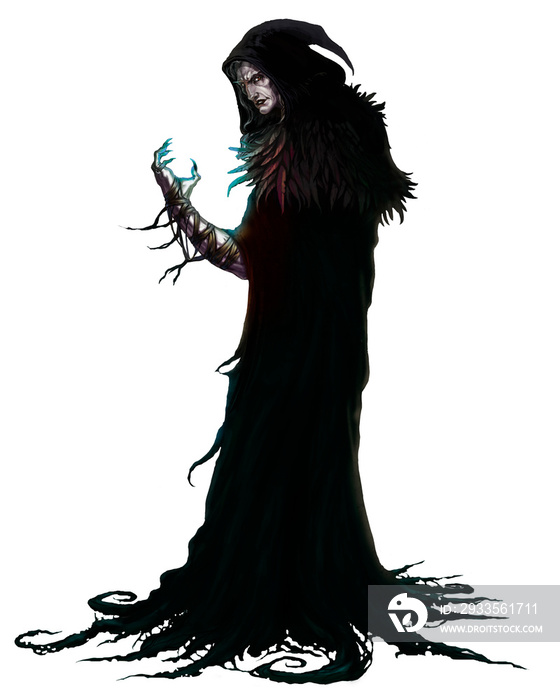 Black magician Warlock. black magic character on a white background. Realistic illustration isolated.