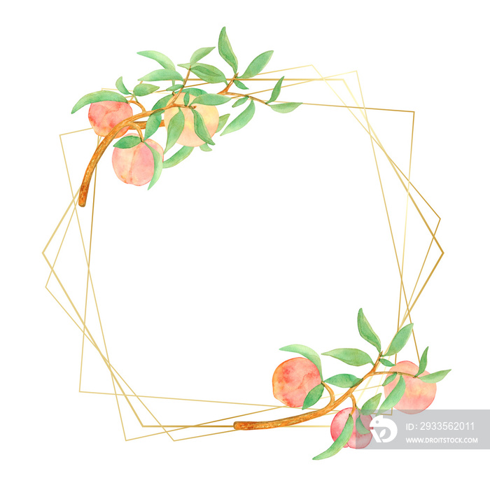 Golden polygonal frame with hand-painted watercolor peaches branches isolated on white background. Frame with peach branches for wedding printing.