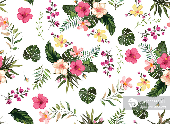 Floral tropical  seamless pattern background with exotic flowers, jungle leaves, monstera leaf, orchid, bird of paradise flower white background