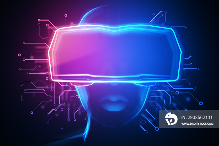 Creative hologram of digital head with VR glasses on dark background. Virtual reality and technology concept. 3D Rendering.