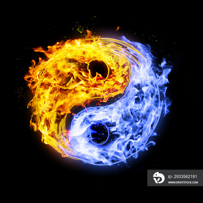 fire yin yang symbol, orange and blue,isolated on black background