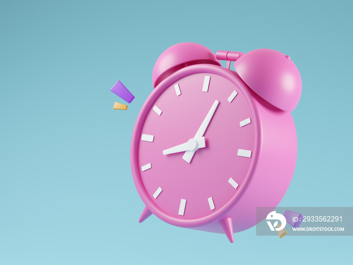 a pink vintage alarm clock on  blue background, 3d rendering