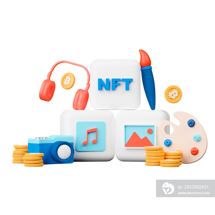 3d rendering concept NFT or non fungible token for artwork and music.