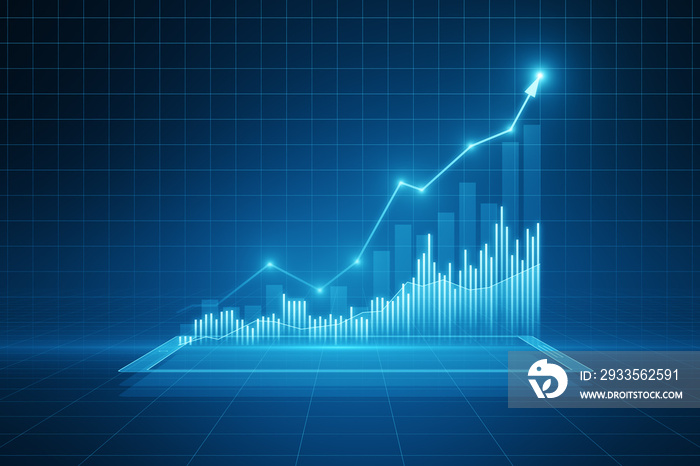 Front view of modern growing financial graph with rising up arrow on dark blue background. Investing, trading and stock market concept. 3D Rendering