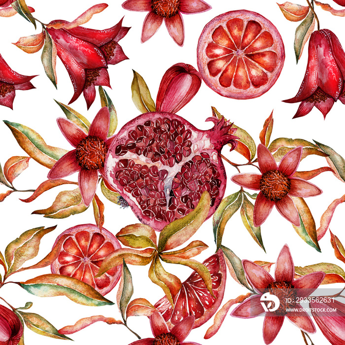 Beautiful watercolor seamless pattern with fruits and flowers of pomegranate