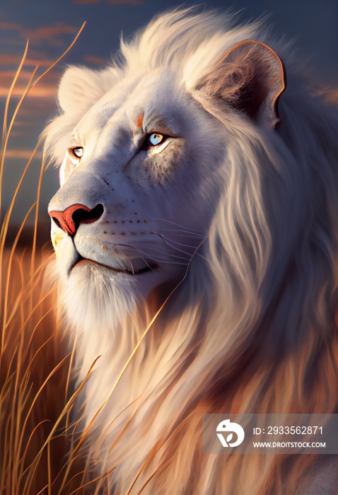 Photo of a painting of a white lion with striking blue eyes