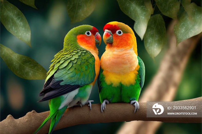 two colorful birds sitting on a branch of a tree together, with leaves in the background and a green leafy tree in the foreground, with a green, with a red,.