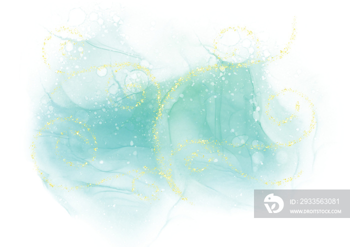 Green pastel watercolor marbled background and gold glitter