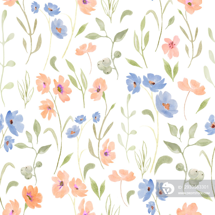 Watercolor seamless pattern with abstract different flowers, leaves, branches. Hand drawn floral illustration isolated on white background. For packaging, wrapping design or print.
