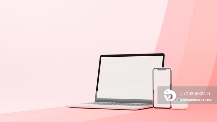 Laptop and smartphone with mock-up screen and wire less earphones isolated on pink background, 3D render