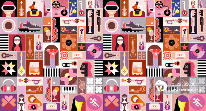 Pop Art Mix. Pop art graphic collage of  people avatars, different objects and abstract shapes.