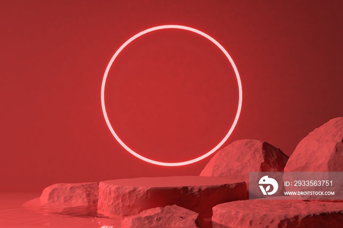 abstract red color geometric Stone and Rock shape background, showcase for product 3d render.