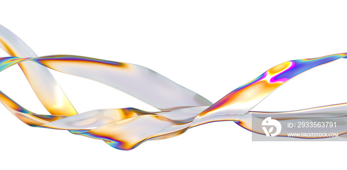 Abstract 3d render. Glass ribbon on water. Holographic shape in motion. Iridescent digital art for banner background, wallpaper. Transparent