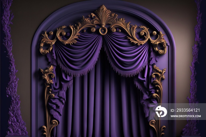 a purple curtain with gold trim and a gold crown on top of it, in front of a stage with a purple curtain and a gold crown on top of the curtain and a black background.