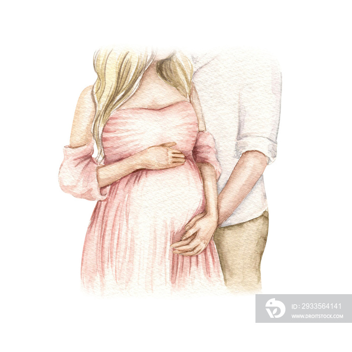 Young couple with pregnant belly, happy parents, family support. Parenthood concept.  Watercolor hand-painted illustration