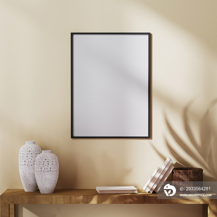 blank poster frame mock up on light brown wall with palm leaf shadow and shelf with decor, 3d rendering