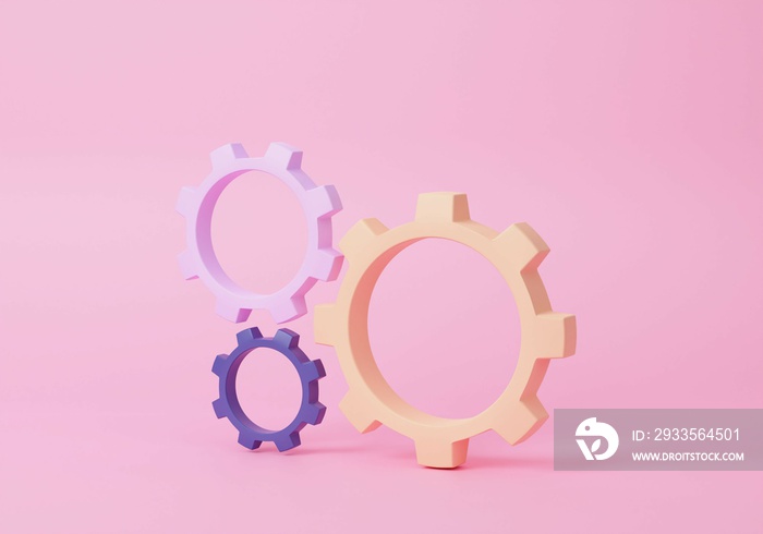 3D isometric three gears icon on pink background. engineering teamwork concept. minimal cartoon sytle. 3d render illustration