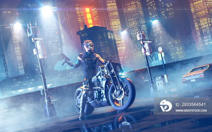 Cyberpunk rider on a cyber motorbike in a futuristic night city with neon light and fog - concept art - 3D rendering