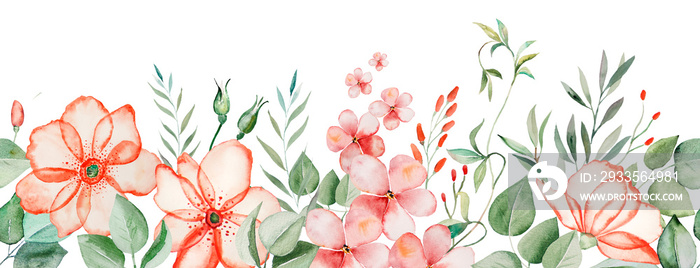 Watercolor pink flowers and green leaves seamless border illustration