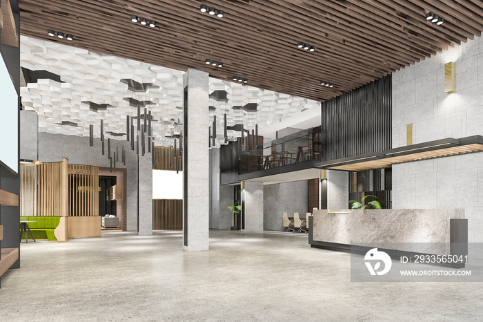 3d rendering grand luxury hotel reception hall entrance and lounge restaurant with high ceiling