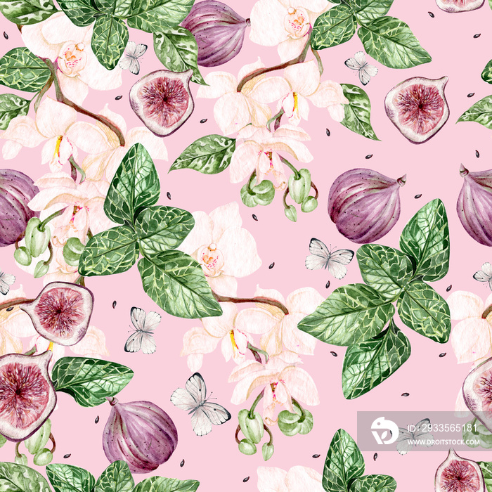 Beautiful watercolor bright pattern with orchid flowers and  fig fruits. Illustration