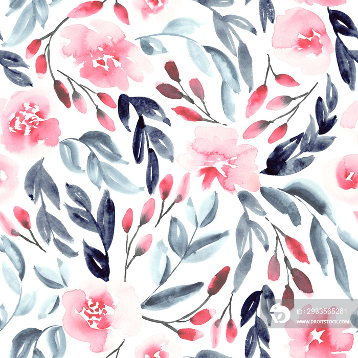 Seamless watercolour floral pattern in pink, blue, grey and black. All over abstract botanical print.