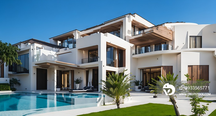 Photo of a luxurious white house with a sparkling pool in the foreground