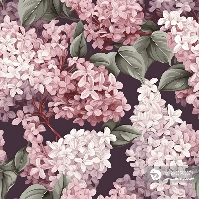 lavender pink lilacs, half drop, half-drop seamless pattern, organic, soft shading, realistic --tile generative ai