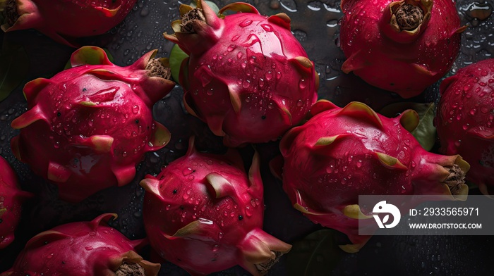 Fresh red-pink dragon fruit or pitaya background with water drops