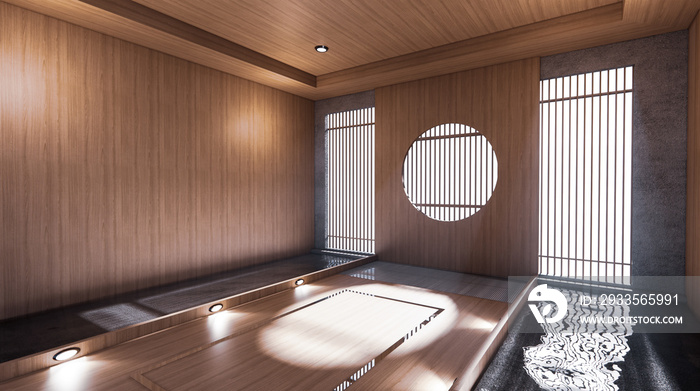 The hallway like Japanese room has a side pool design room is spacious And light in natural tones. 3D rendering