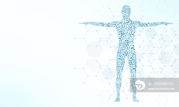 Illustration of the human body with structure molecules DNA. Concept and idea for medicine, healthcare medical, science, and technology