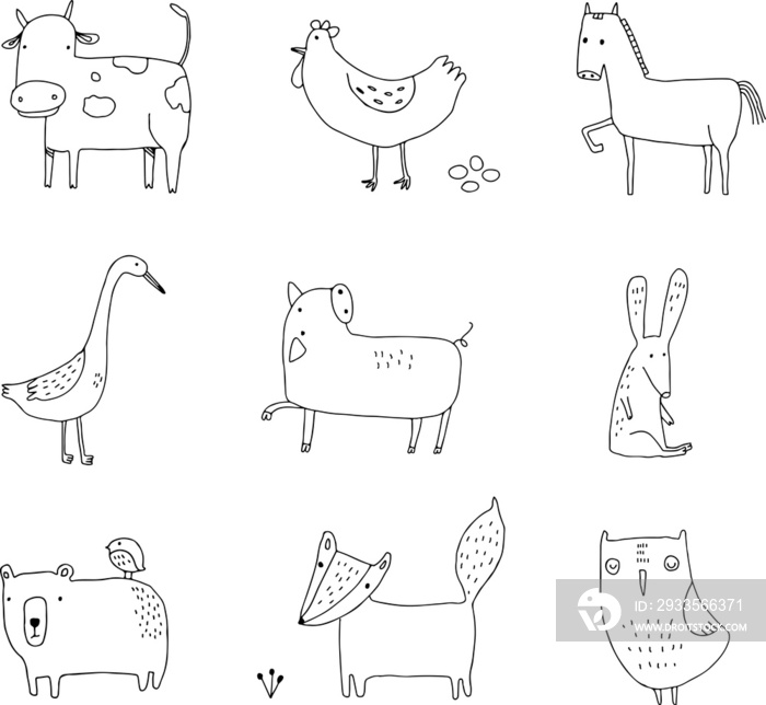 Cute animals hand drawn vector set