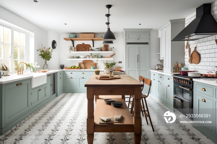 A bright and open kitchen designed in modern farmhouse style.