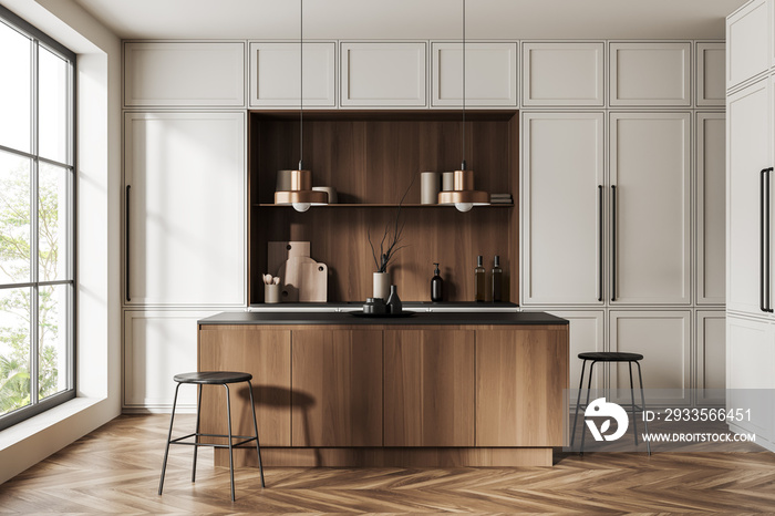 Stylish kitchen interior with bar countertop and shelves with panoramic window