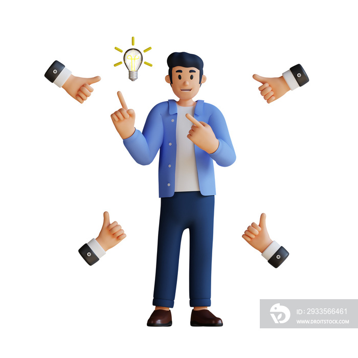 businessman get ideas for business with many thumbs up hands around him 3d character illustration