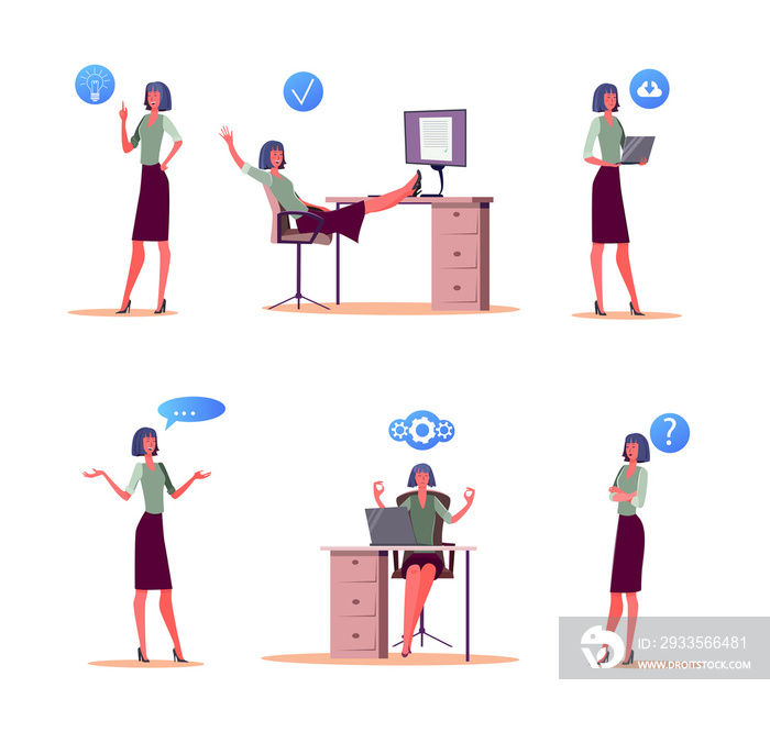 Office worker business day set. Business woman meditating at workplace, using laptop, speaking, asking, having idea. Business concept. illustration for posters, presentations, landing pages