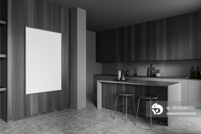 Grey kitchen interior with bar seats and countertop. Mockup frame