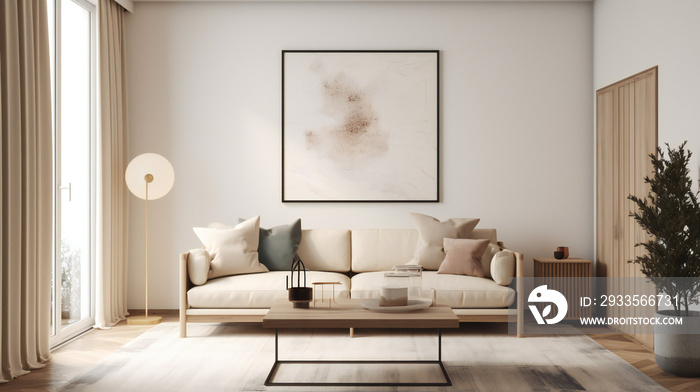 Chic Living Room Interior with Mockup Frame Poster, Modern interior design, 3D render, 3D illustration