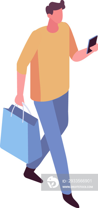 Isometric man, guy with shopping bag or shopping cart